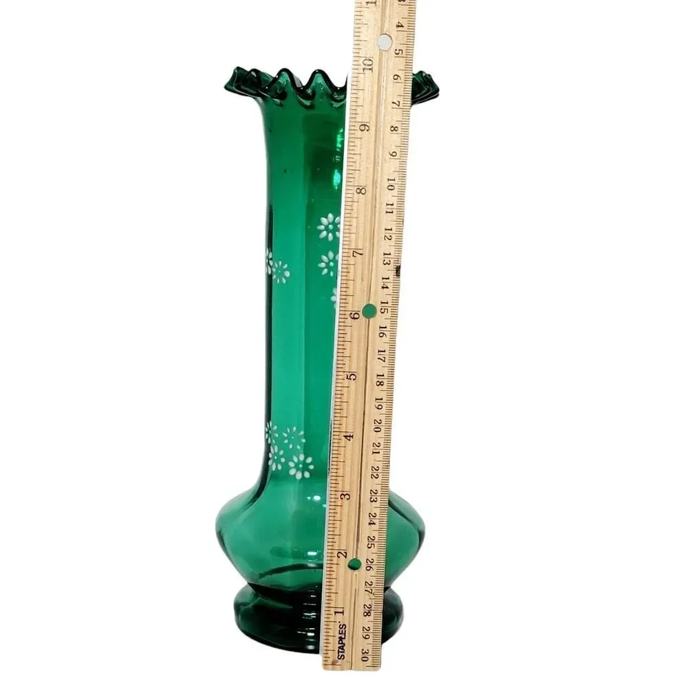 Moser Bohemian Czech Hand Blown Glass Hand Painted Green Enamel Ruffled Vase 10”